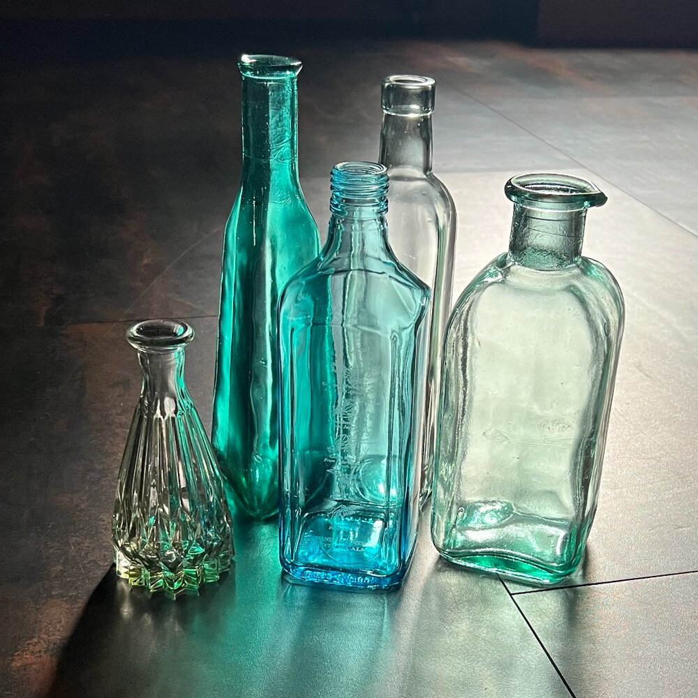 Lot of 5 Blue and Green Glass Bottles/Vases, Various Sizes and Shapes